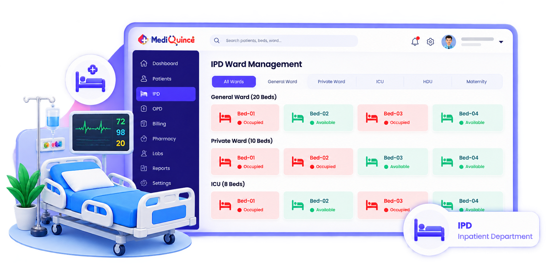 IPD ward management screen showing occupied and available beds